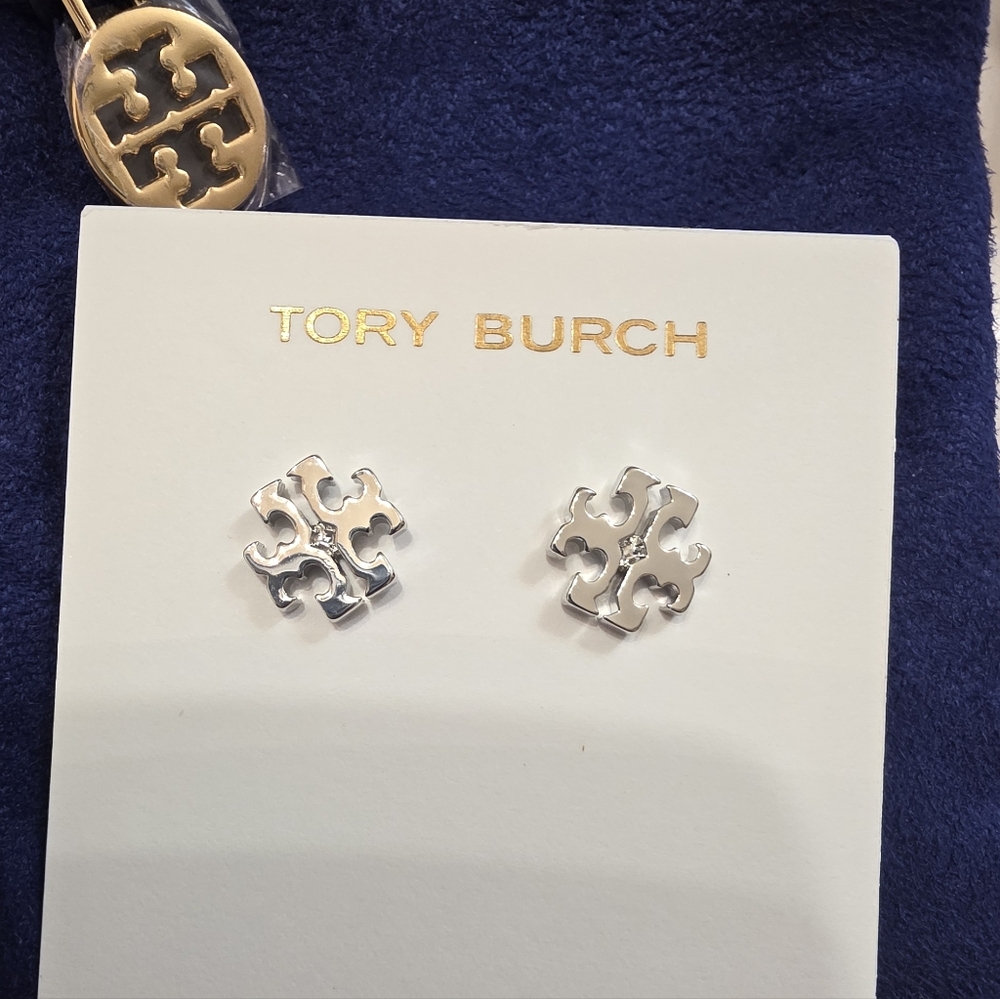 Tory Burch Silver Logo Stud Earrings